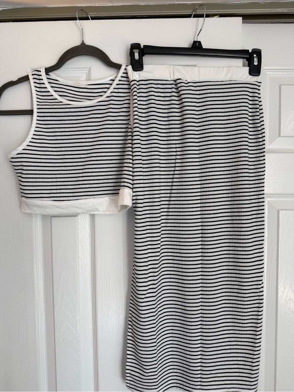 SHEIN Black and White Striped Crop Tank & Midi Skirt Set